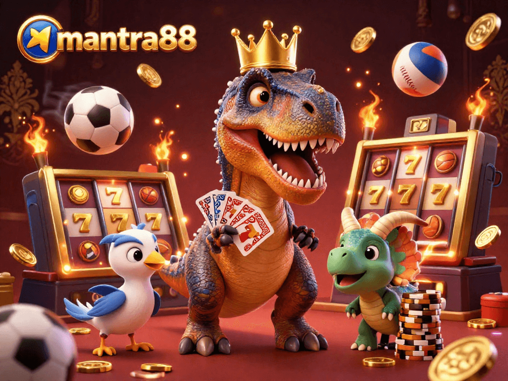 Experience the thrill of mantra88 with a dynamic T-Rex shuffling cards in this vibrant casino scene.