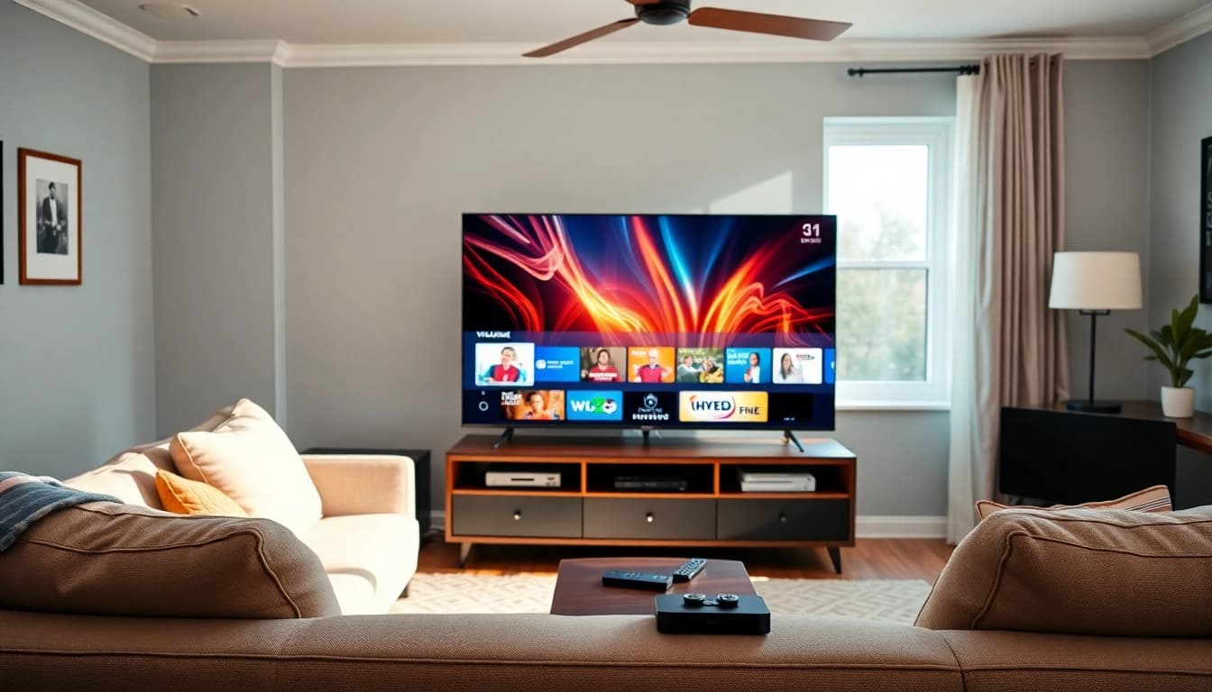 Enjoy FREE IPTV Trial with a sleek smart TV setup in a cozy living room.