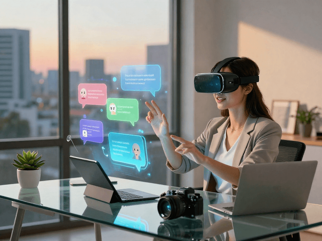 Engaging moment with girlfriend AI through augmented reality, showcasing a tech-savvy workspace filled with gadgets and digital dialogue.