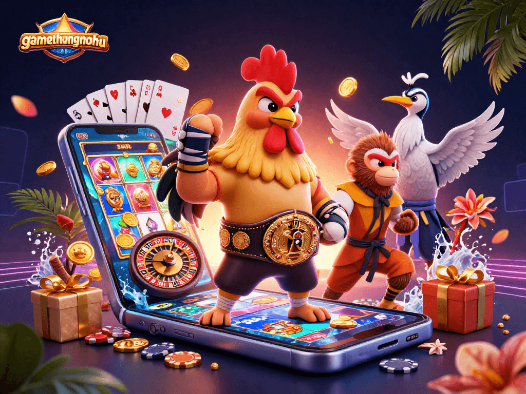 Experience gamethuongnohu with an exciting scene of characters amidst vibrant casino elements.