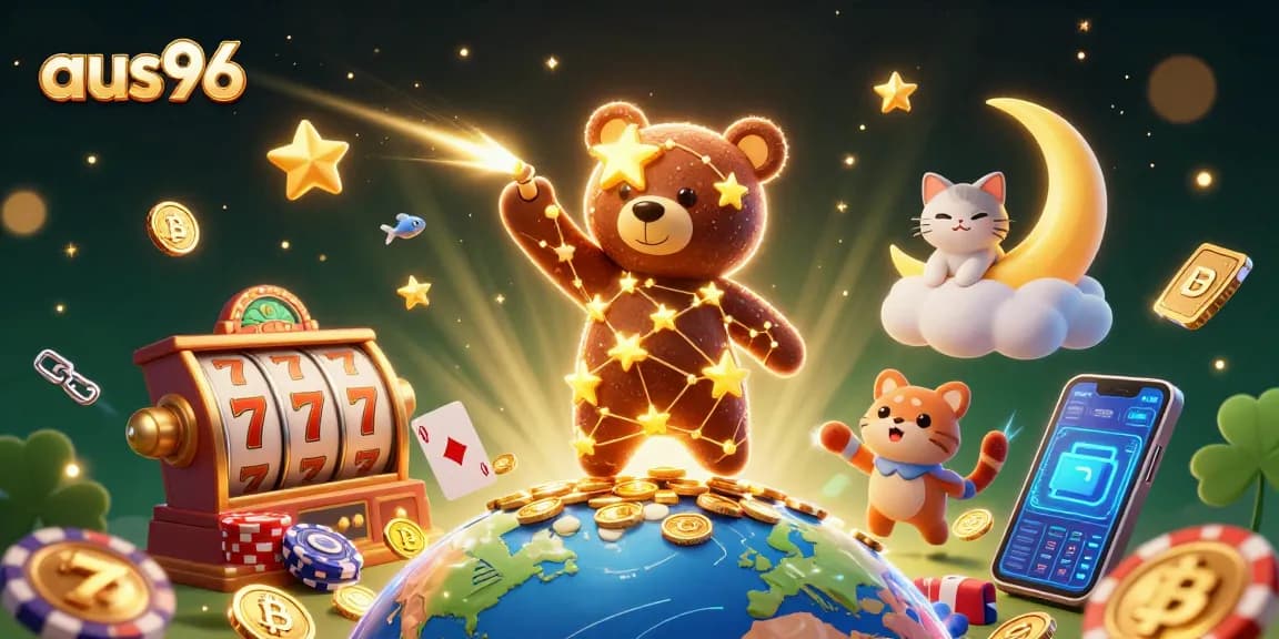 Experience thrilling gameplay at aus96, where constellation bear scoops coins amidst vibrant casino elements.