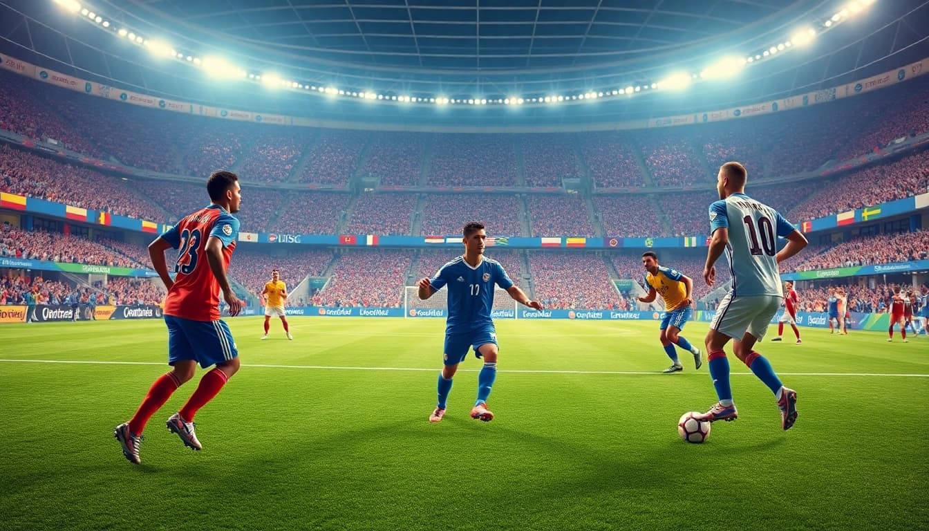 Jadwal piala dunia memperlihatkan pemain sepak bola profesional dalam aksi di stadion.