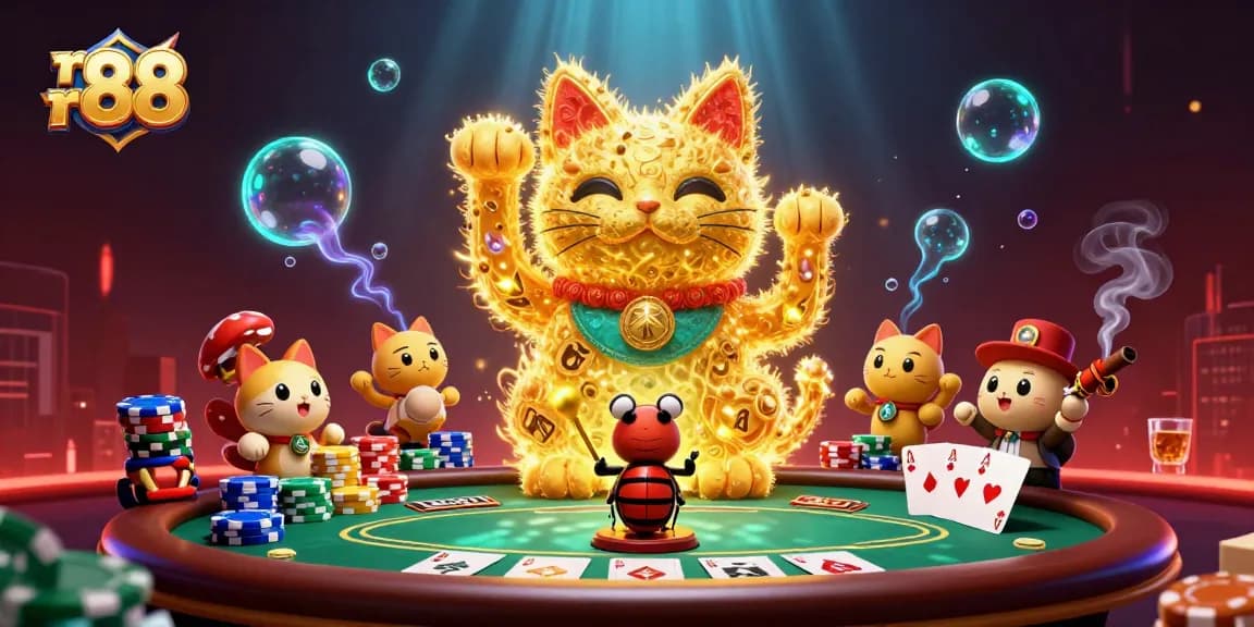 Experience rr 88 casino fun with a lucky cat and dynamic game elements in 3D illustration.