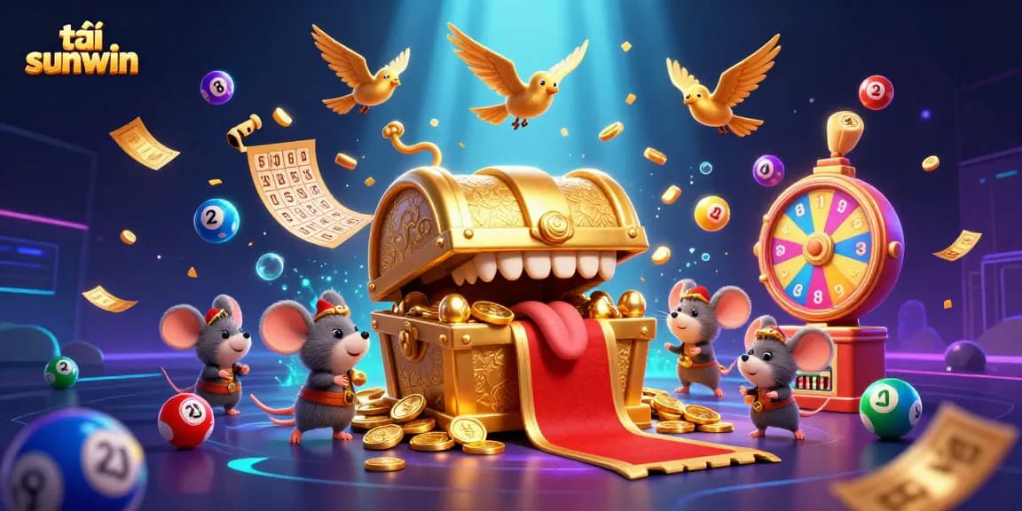 Engage with thrilling games at tải sunwin, featuring a vibrant cartoon treasure chest attracting adventurers.