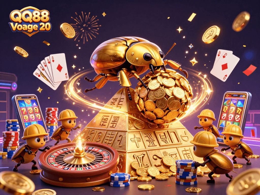 Experience the excitement of QQ88 Voyage 20 with colossal golden beetles rolling treasure amid casino symbols.