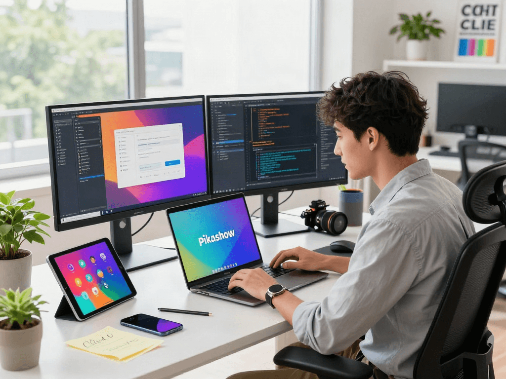Pikashow APK displayed on a laptop in a vibrant tech workspace.