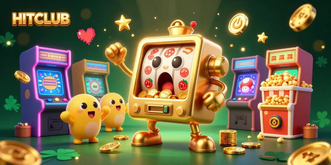 Hitclub showcases a golden slot machine animatedly hitting a jackpot with coins pouring, creating an exciting casino atmosphere.