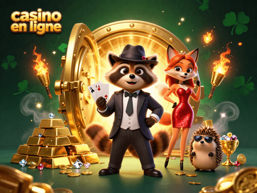 Découvrez un casino en ligne captivant où un raton laveur en costume tient une main de poker gagnante.