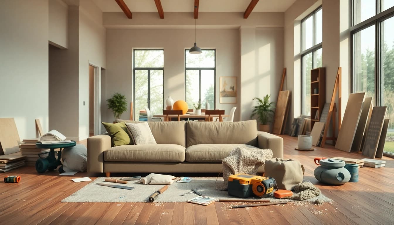 Home improvement scene showcasing an organized living room renovation with tools and natural light.