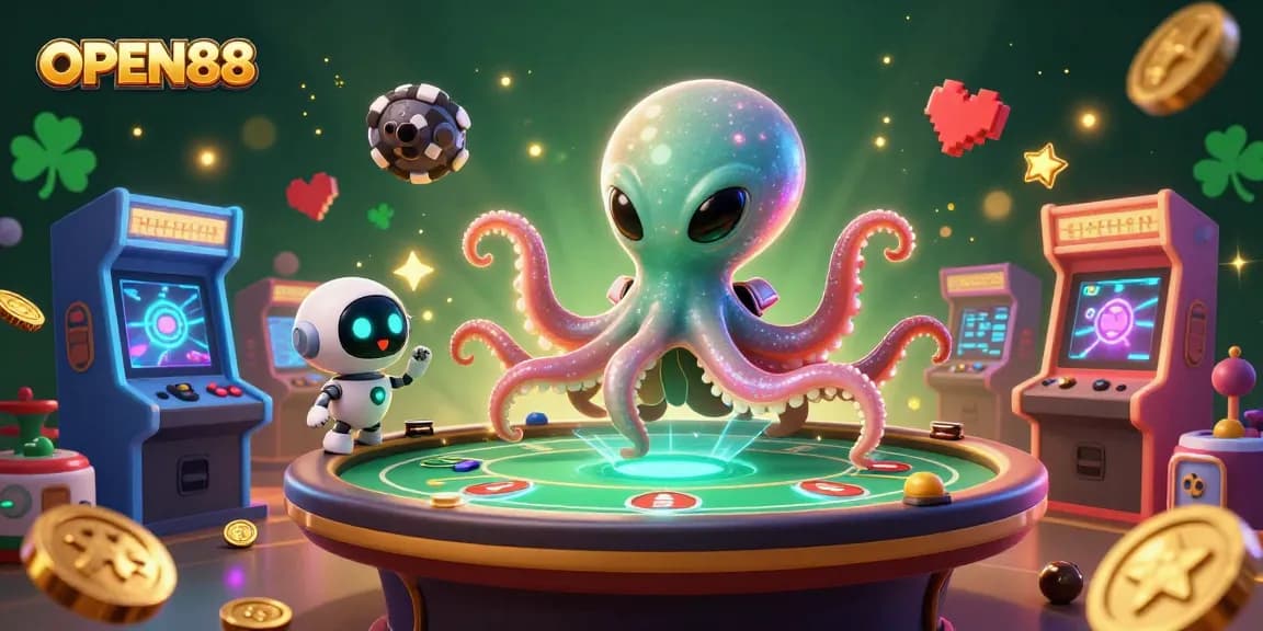 Experience excitement with OPEN88's alien octopus at a vibrant poker table amidst casino-themed gaming elements.