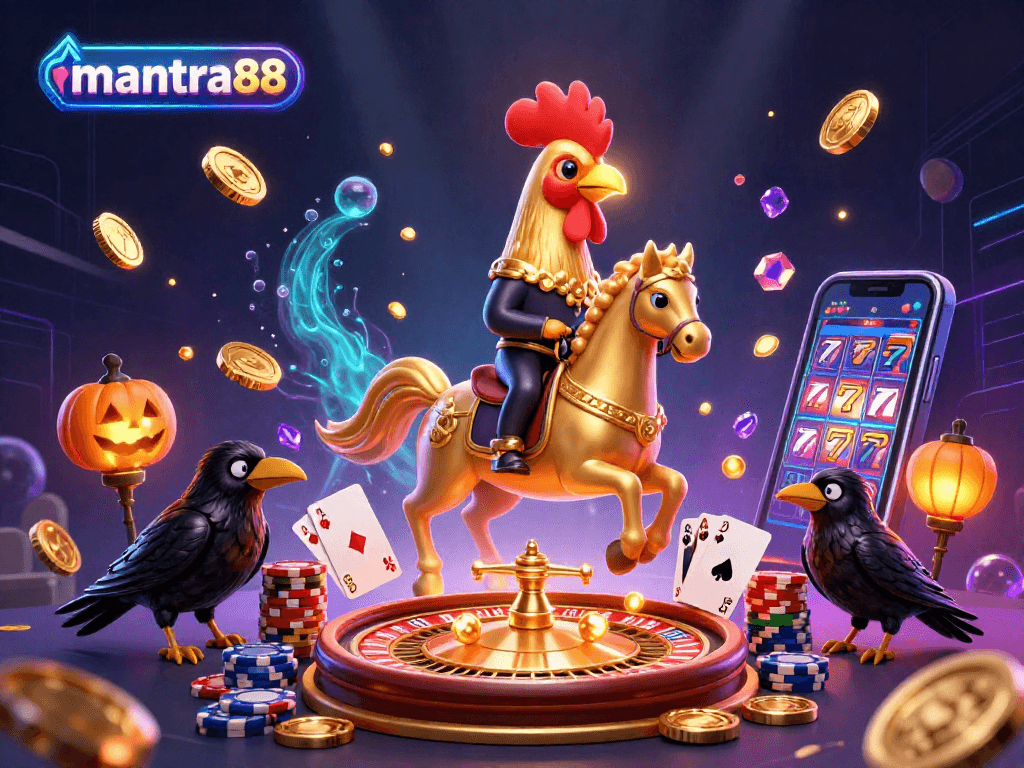 Win big with mantra88's golden rooster riding through a vibrant casino scene filled with coins and excitement.