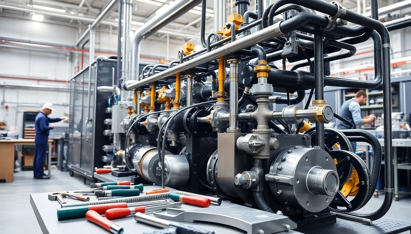 Fluid power systems operating in an industrial workshop, showcasing engineering complexity.