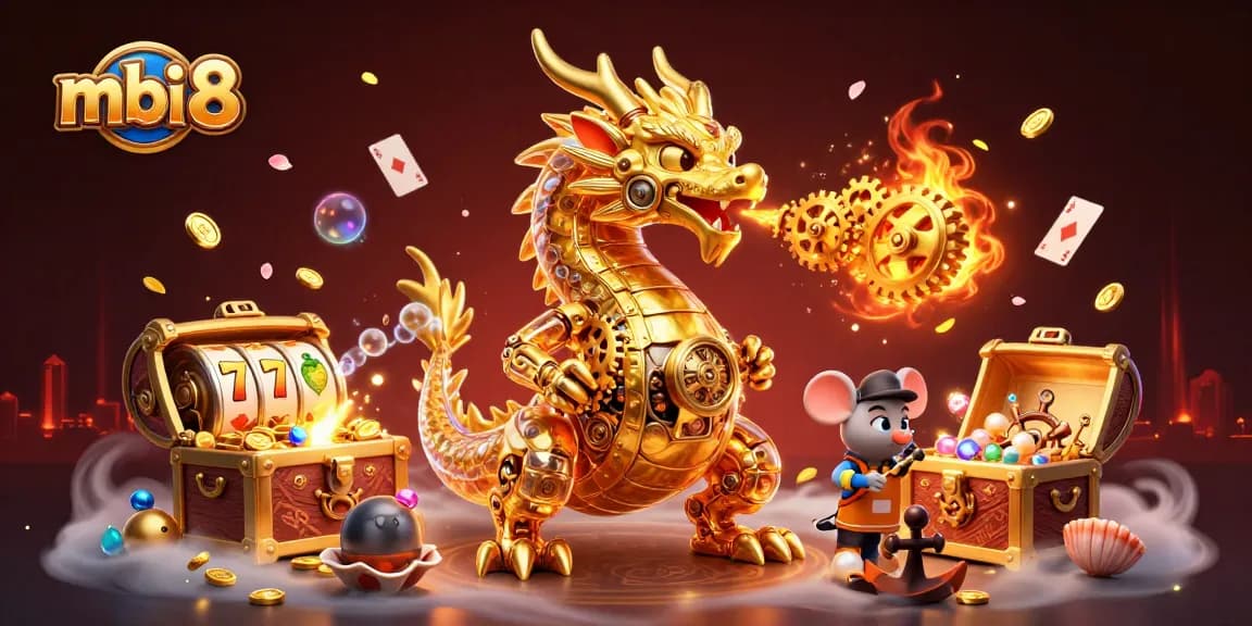 Experience thrilling gameplay at mbi 8 with a dynamic 3D scene depicting a biomechanical dragon and gaming elements.
