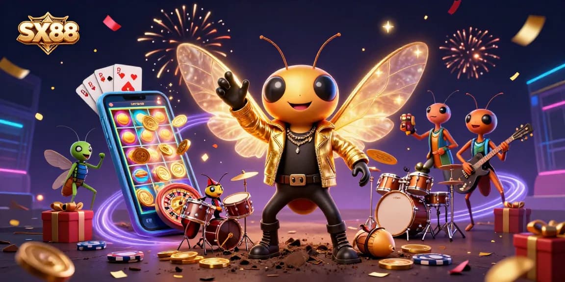 SX88 engages players with vibrant casino experience featuring animated characters and gambling elements.