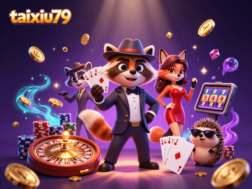 Experience thrilling gameplay at taixiu79 with raccoon, fox, and hedgehog characters in dynamic 3D casino illustration.