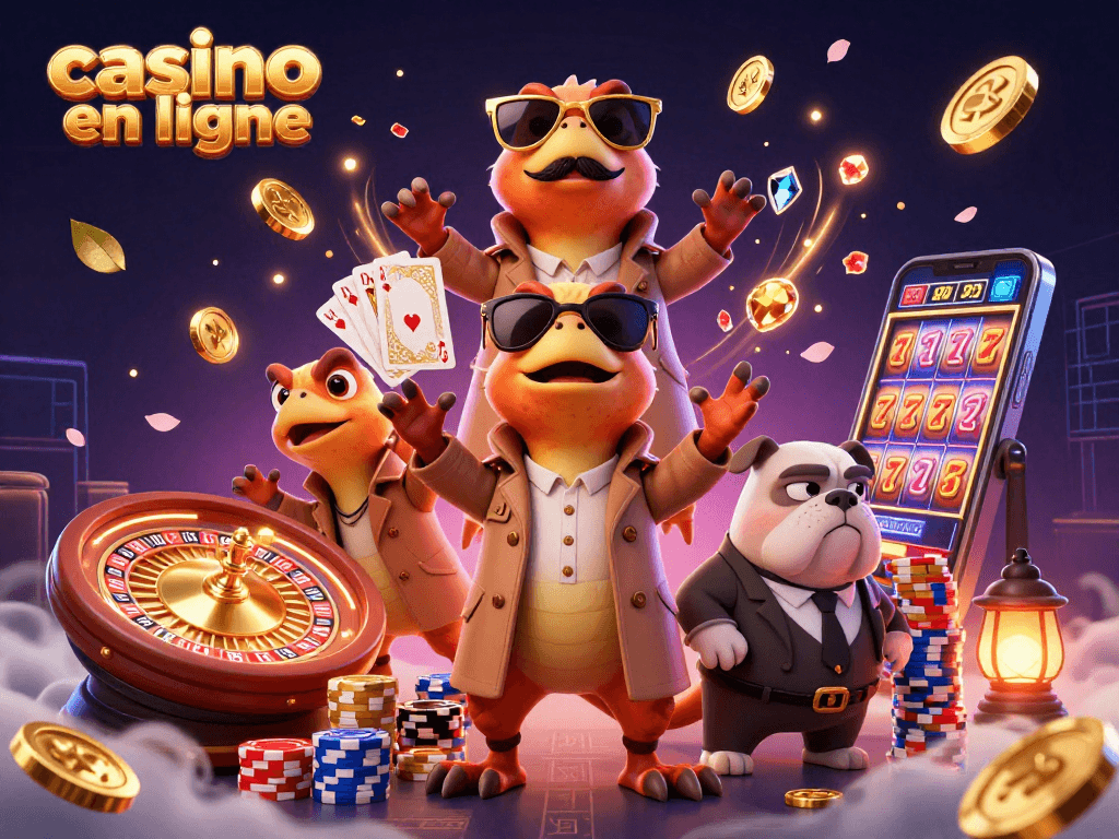 Casino en ligne : trois raptors déguisés tentant d'entrer dans un lounge VIP, entourés de jetons et pièces d'or.