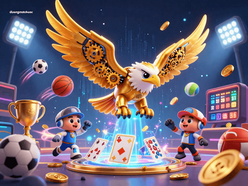 Experience duongmatchuoc action with a dynamic 3D scene featuring a golden eagle amidst holographic cards and sports elements.