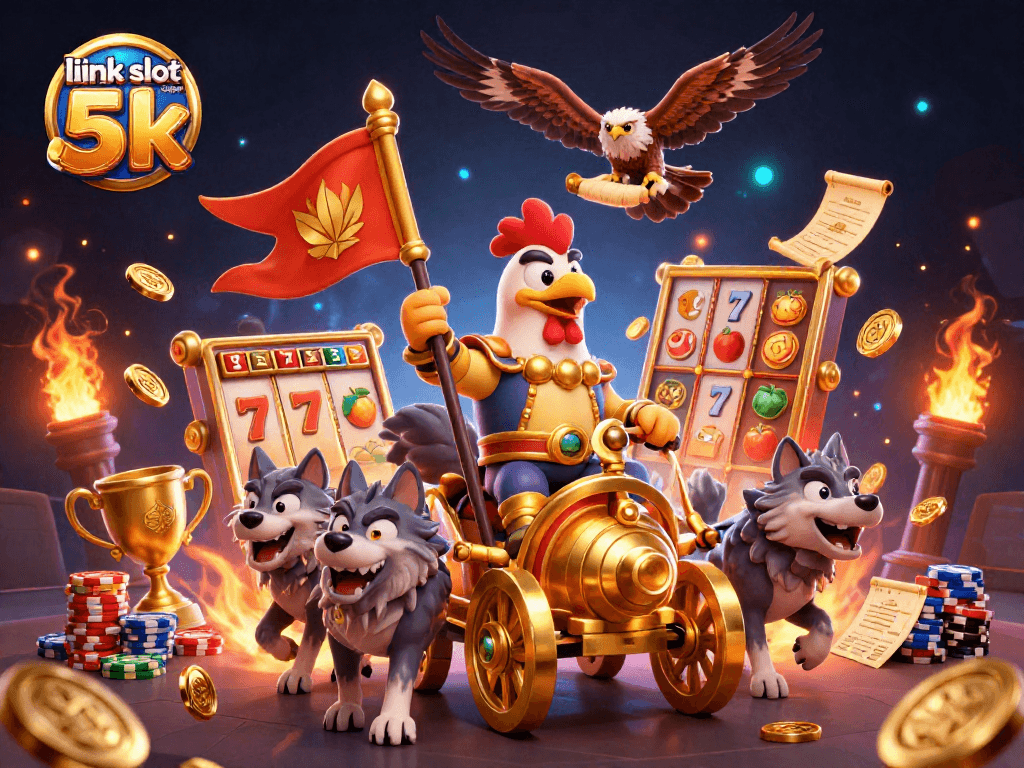 Exciting illustration of link slot depo 5k showcasing a rooster warlord on a golden chariot among slot reels and dynamic game elements.