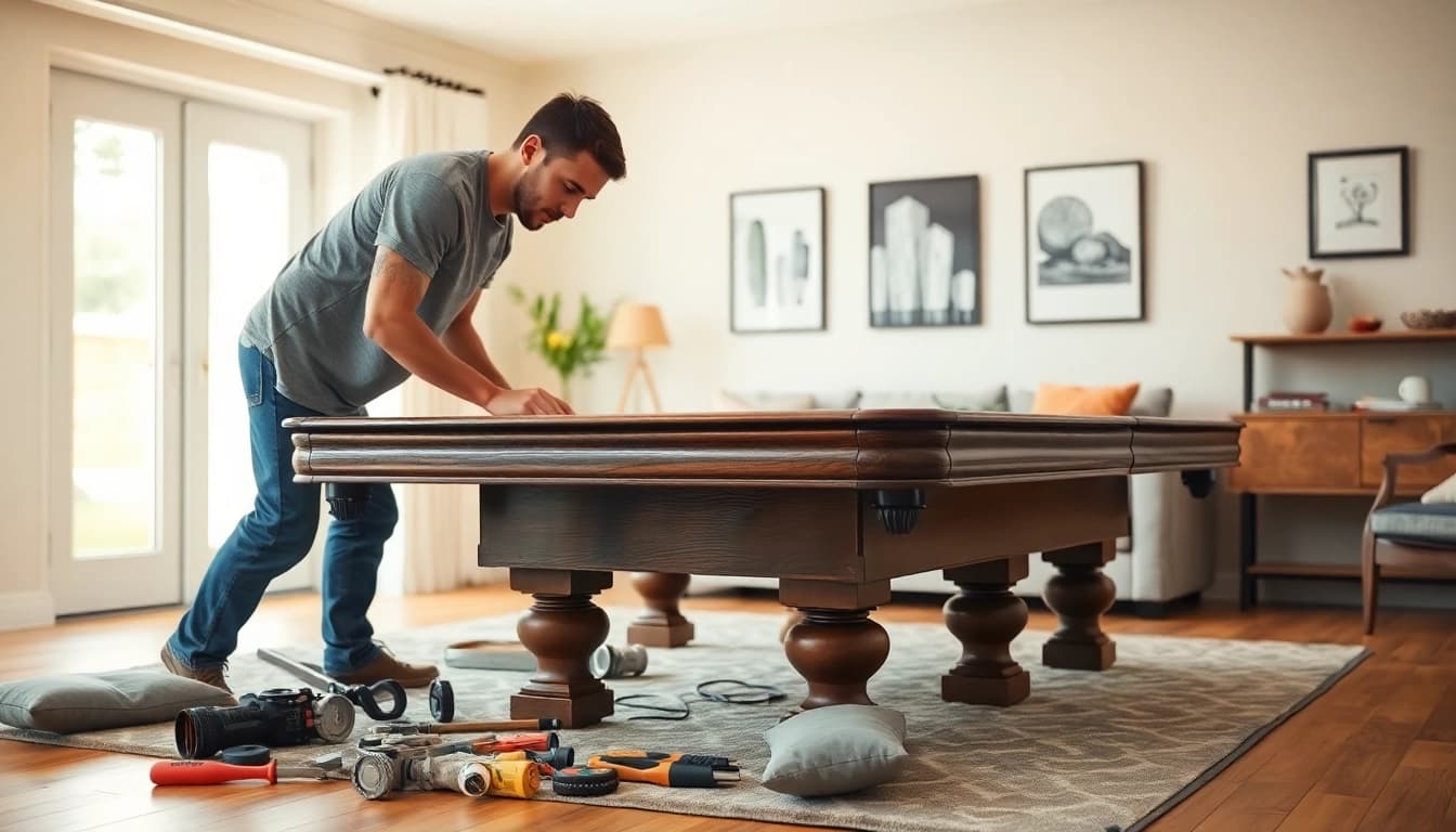 Pool table mover expertly disassembling a vintage pool table in a well-lit room.
