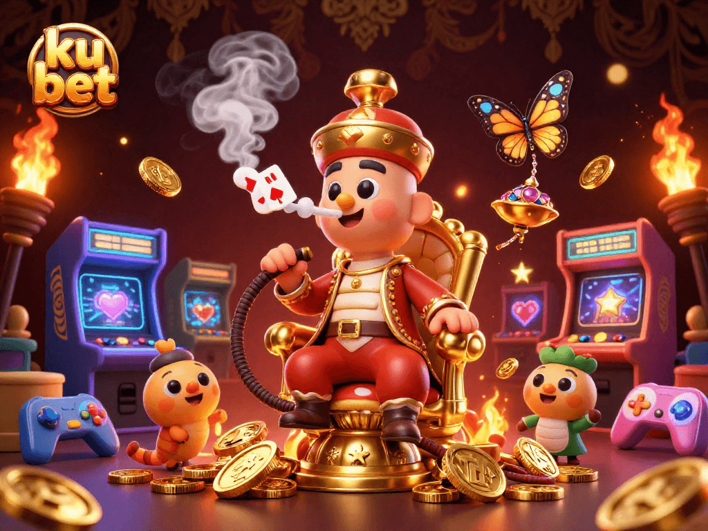 Play poker with ku bet as a 3D caterpillar master conducts a vibrant casino scene.