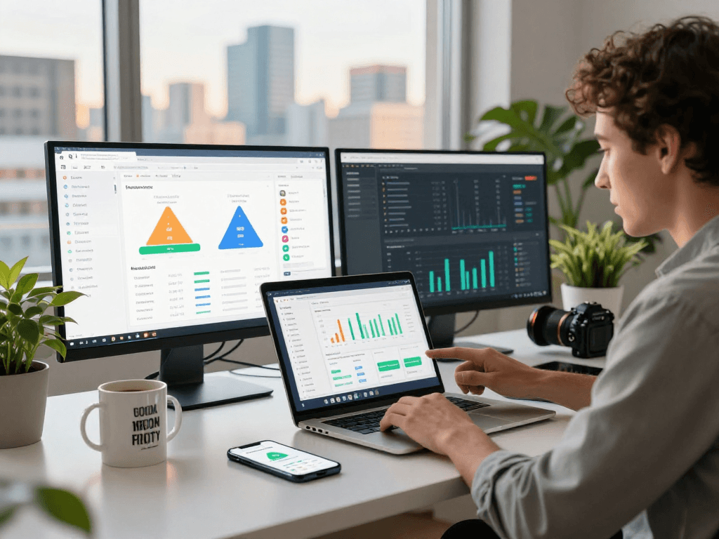 Buy iOS installs to enhance app visibility, marketer analyzing performance metrics at a modern workspace.