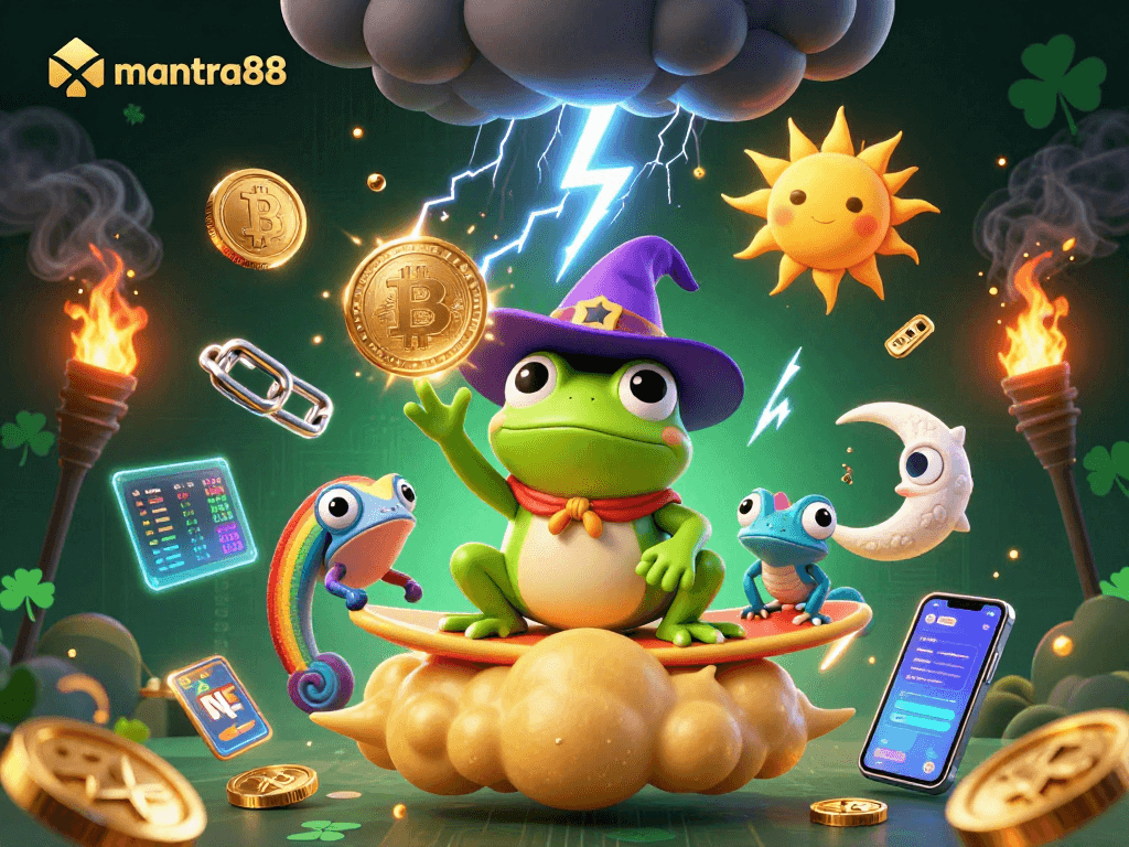 Experience winning jackpots with mantra88's vibrant 3D illustration featuring golden coins and exciting gambling elements.