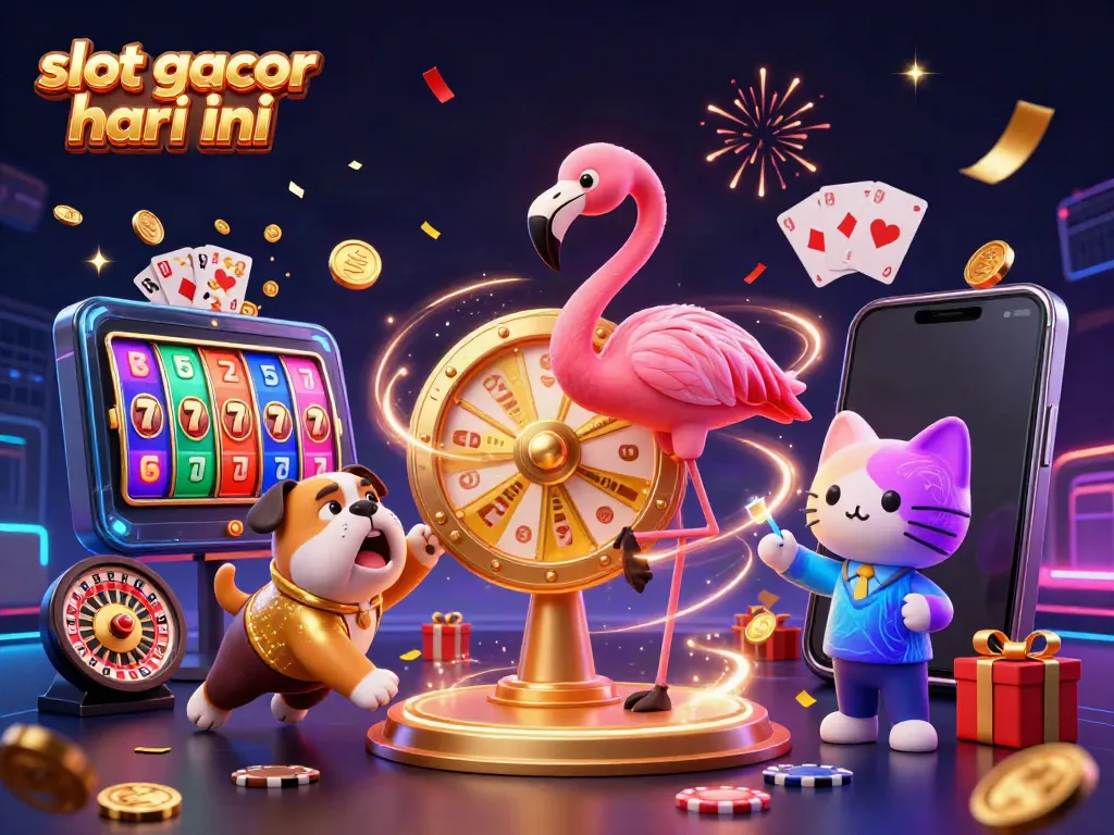 Experience the thrill of slot gacor hari ini with dynamic characters and vibrant casino elements in a 3D illustration.