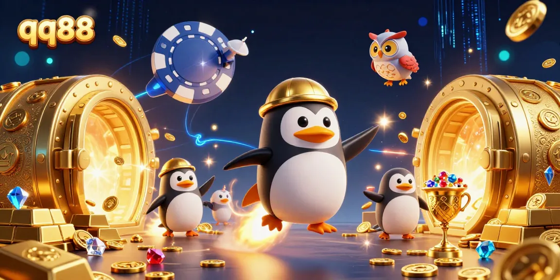 Experience the thrill of qq88 with a dynamic casino scene featuring a golden penguin and treasure