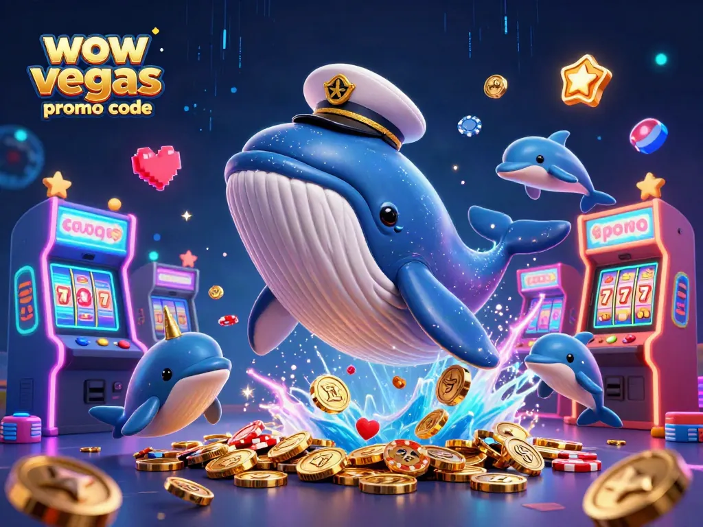 Play games and win big with WOW Vegas casino promo code in vibrant 3D scene filled with casino elements.
