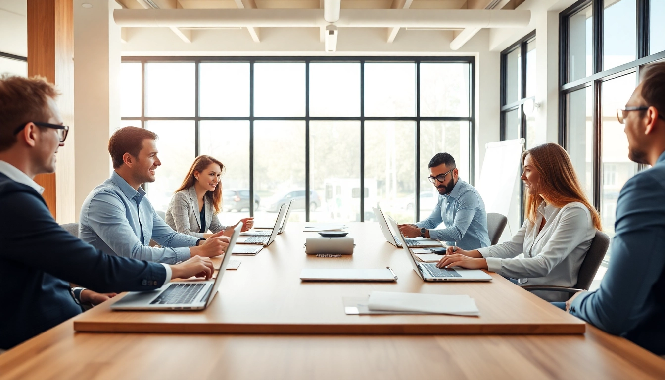 Engage with theredandwhitemagz.com through a dynamic business meeting showcasing teamwork.