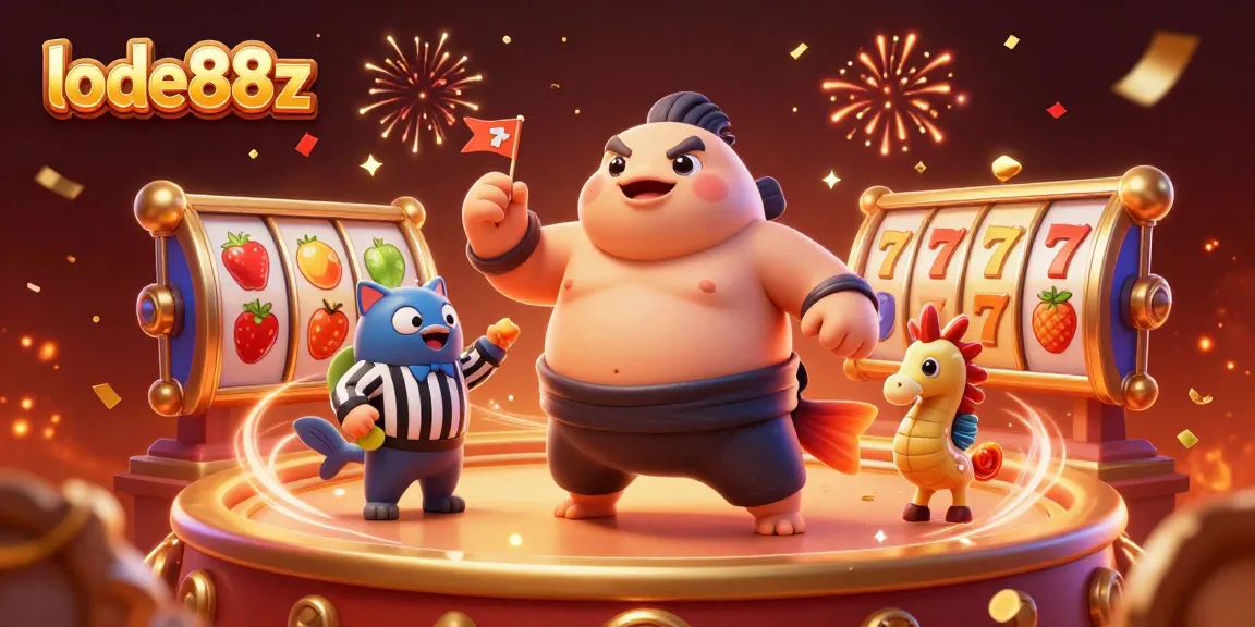lode88z casino scene featuring a blowfish and slot reels, celebrating with vibrant confetti.