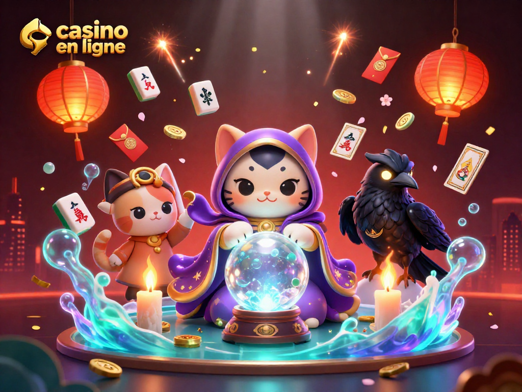 Imaginez une scène vibrant de casino en ligne où un chat empathique prédit de la chance avec des cartes de tarot et des enveloppes chanceuses.