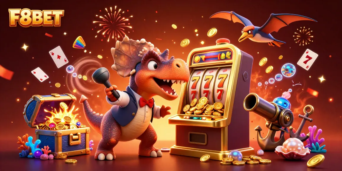 F8BET grows excitement as a pachycephalosaurus activates a jackpot slot machine with coins flying everywhere.
