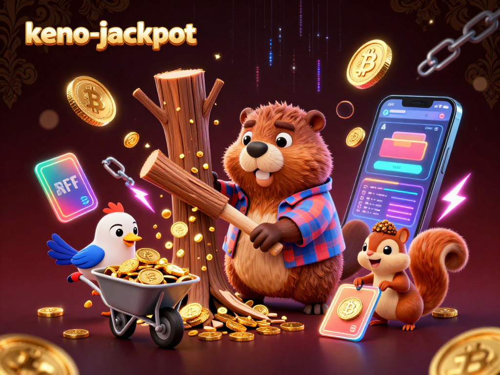 Experience the thrill of keno-jackpot with a beaver collecting coins amidst vibrant 3D elements.
