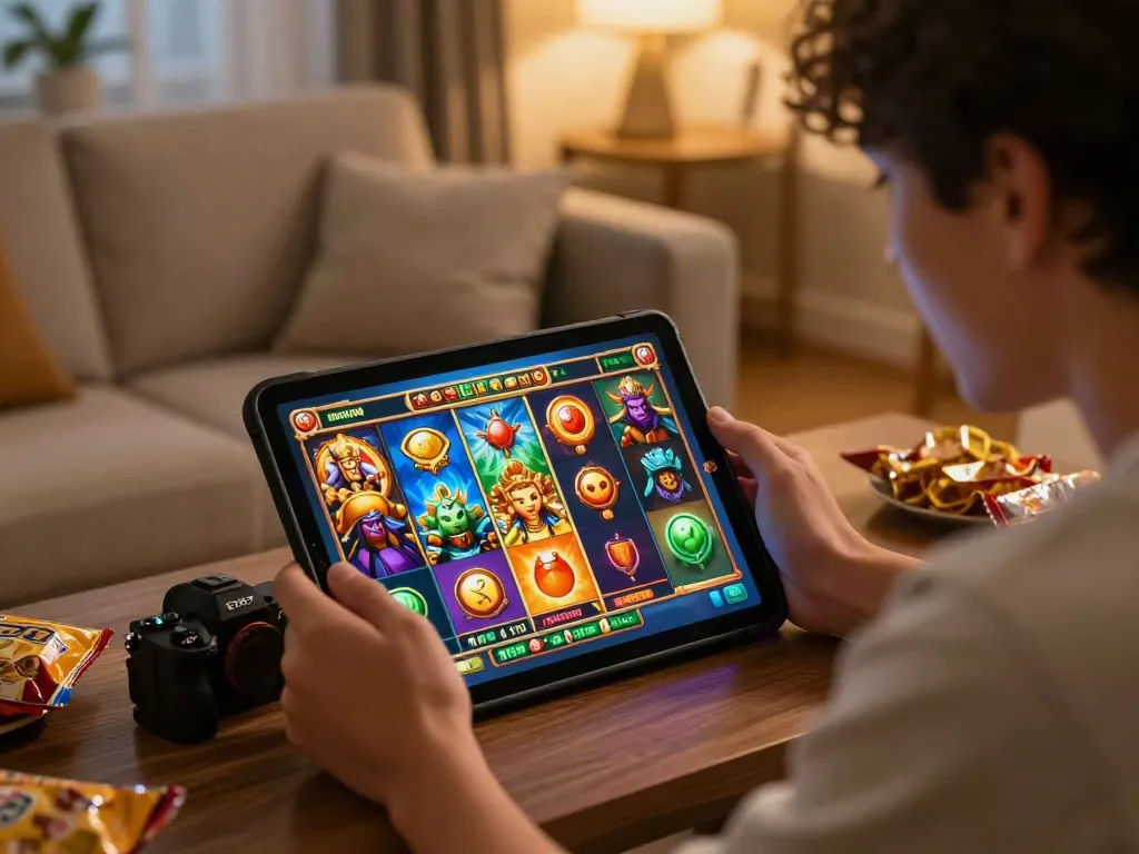Player enjoying a slot game on a tablet surrounded by vibrant graphics and a cozy environment.