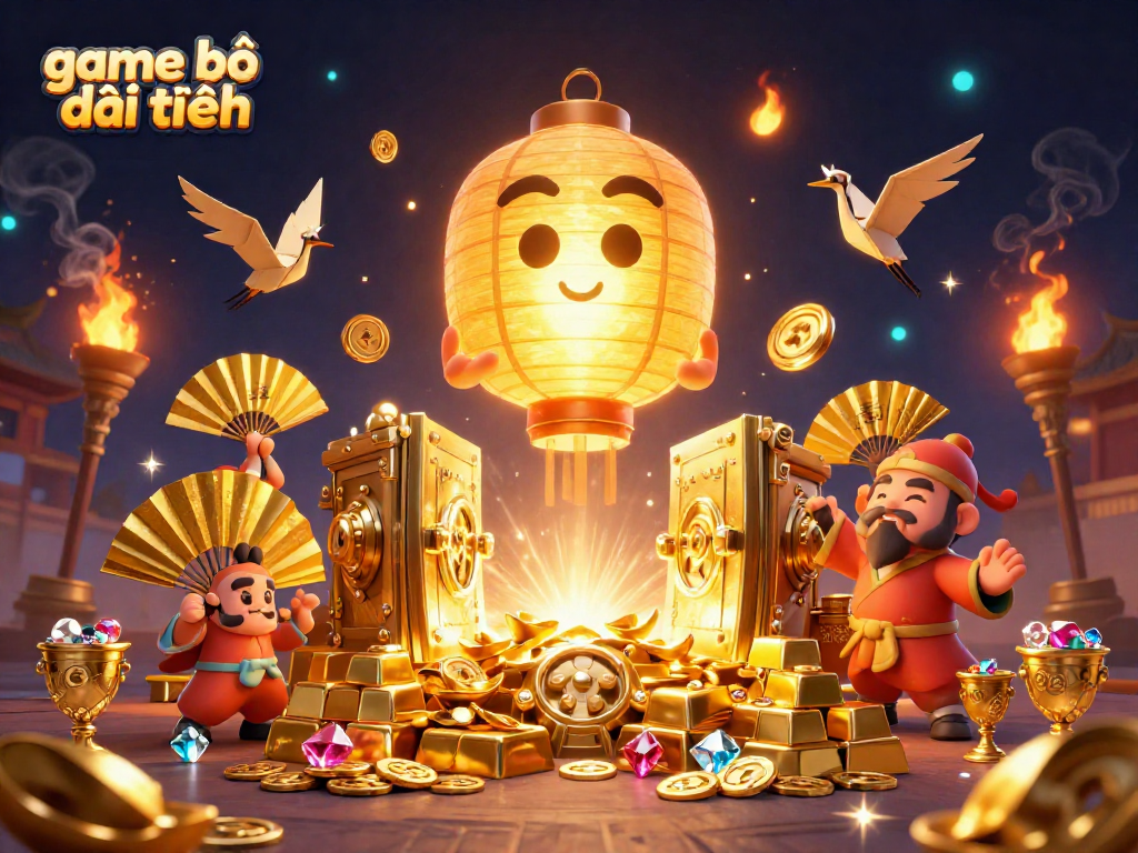 Engage in game bài đổi thưởng with a vibrant casino scene featuring golden characters and treasures.