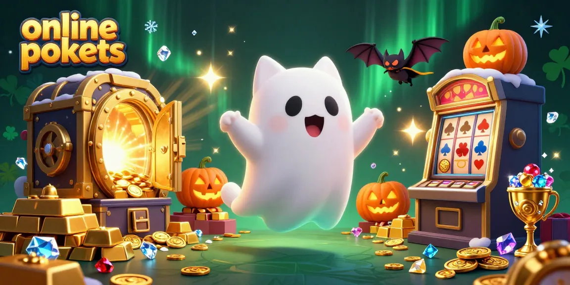 Spin online pokies while enjoying a magical casino scene with a ghost cat and vampire bat.