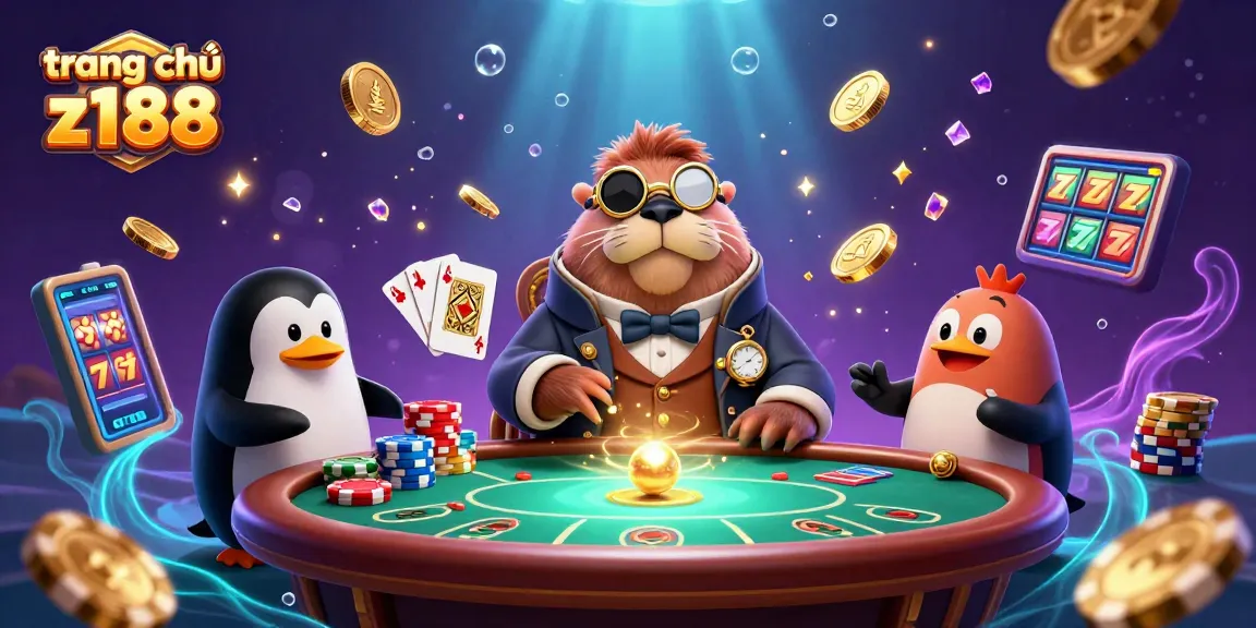 Experience the thrill at trang chủ z188 with a jolly walrus playing underwater poker amidst golden coins and vibrant game elements.