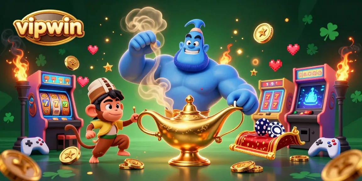 Engage with vipwin through a magical casino scene featuring a blue genie, poker chips, and colorful arcade elements.
