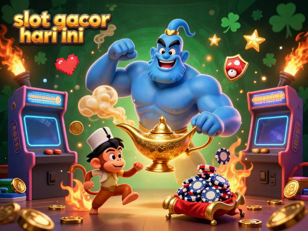 Experience the excitement of slot gacor hari ini with a dynamic genie and gaming elements flying around.