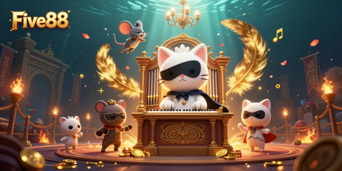 Experience the excitement of Five88 casino with a vibrant 3D illustration featuring a phantom cat organist and lively animations.