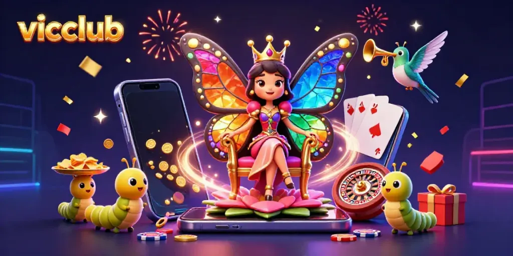 Experience the vibrant world of vicclub featuring a butterfly queen and dynamic casino elements.