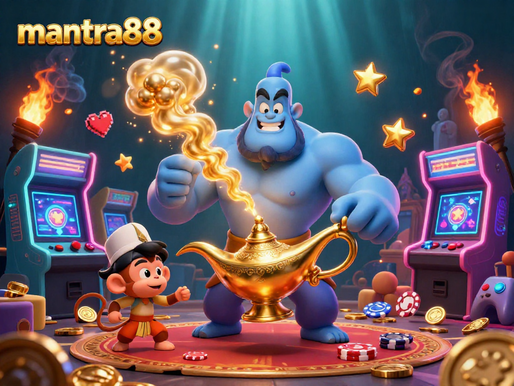 Experience the magic of mantra88 with a vibrant casino scene featuring a genie, monkey, and flying poker chips.