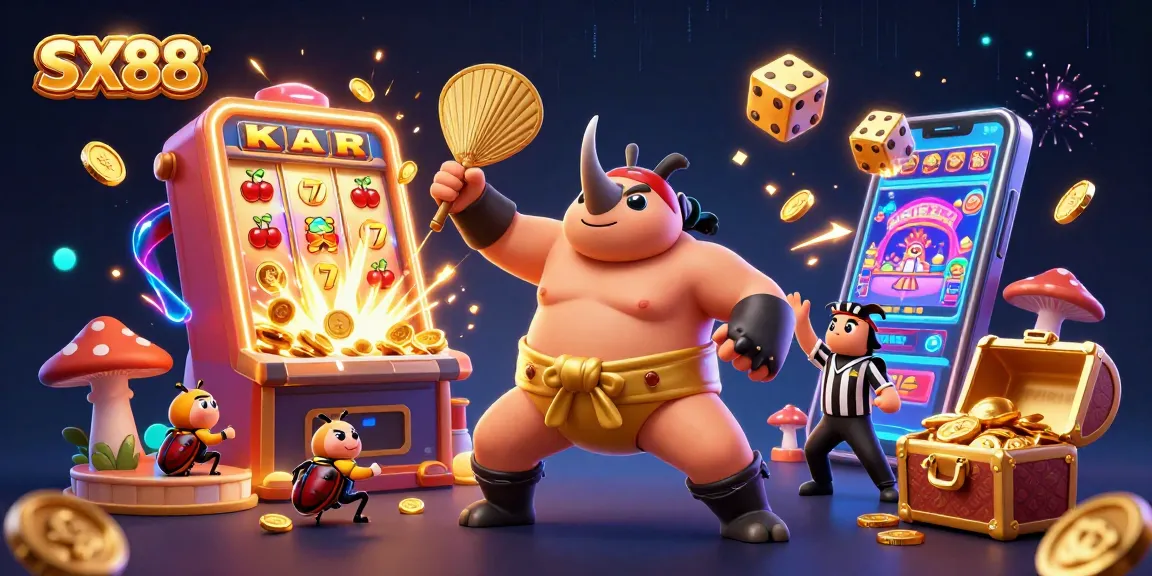 SX88 invites players to engage in thrilling jackpot excitement with a dynamic illustration of a beetle sumo champion and casino elements.