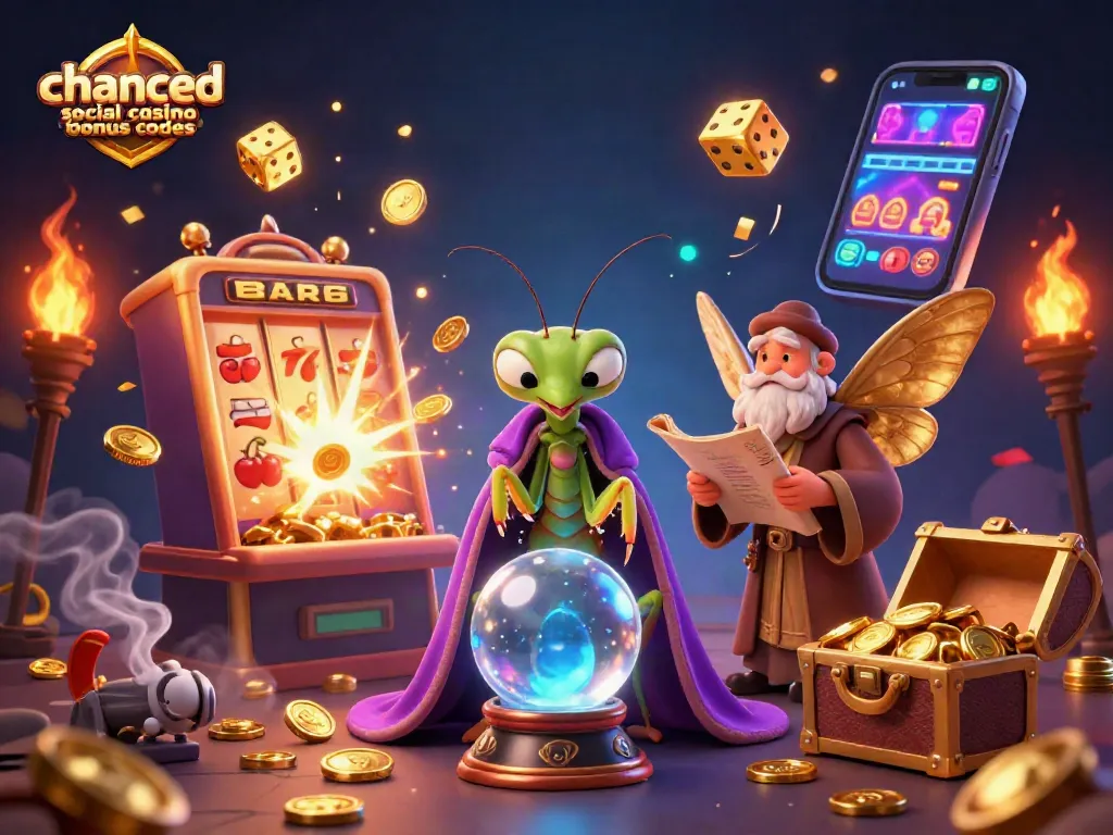 Experience the excitement of chanced social casino bonus codes with vibrant 3D gaming illustration featuring slot machines, coins, and mystical characters.
