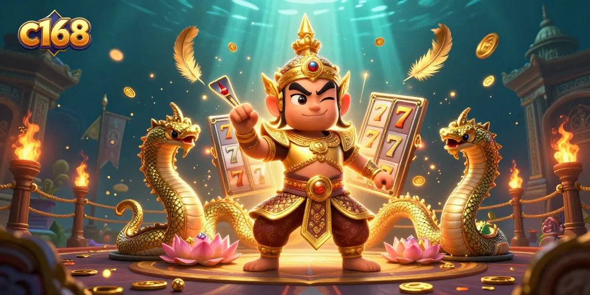 C168 showcases a dynamic casino scene with a temple guardian amidst slot machines and golden coins.