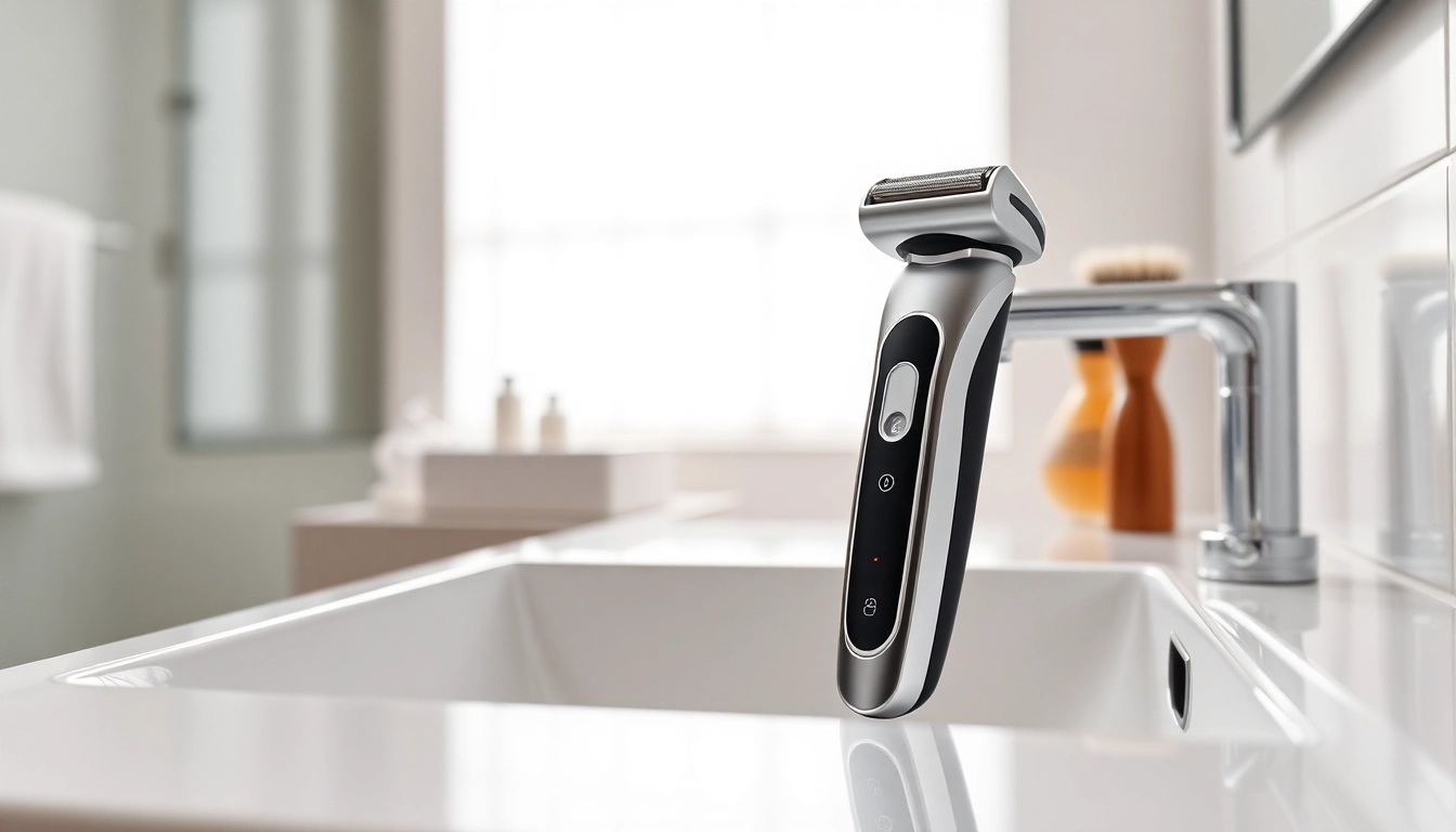 One blade electric shaver positioned elegantly on a modern sink to highlight its sleek design.