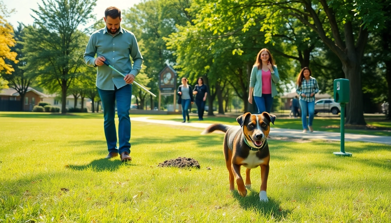 Efficient dog poop clean up in a sunny park showcasing eco-friendly practices.
