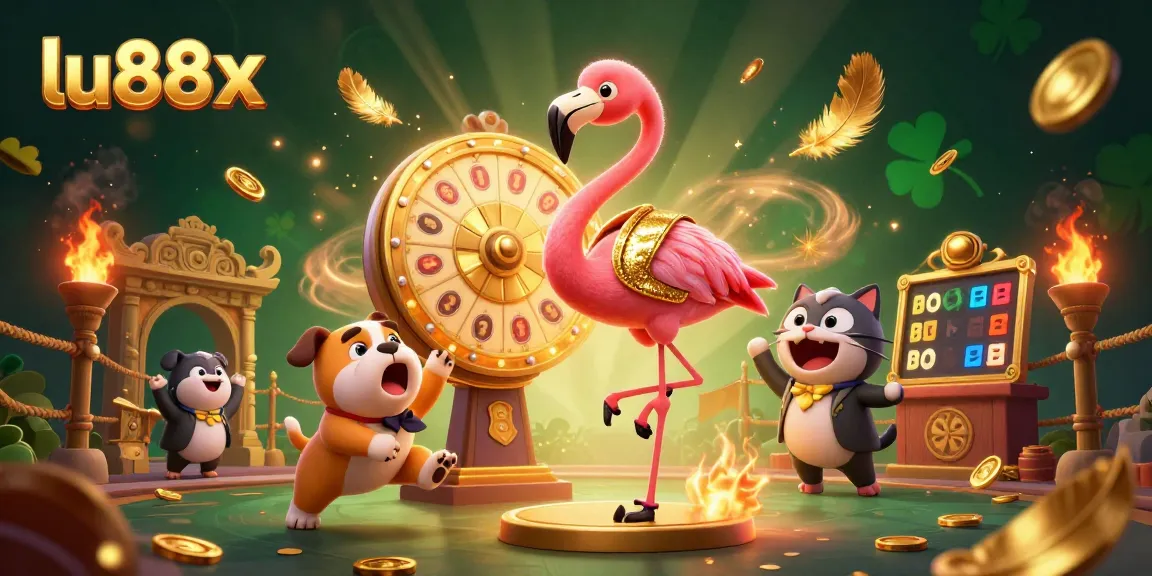 lu88x features an engaging casino scene with a flamingo host, bulldog contestant, and cat assistant.
