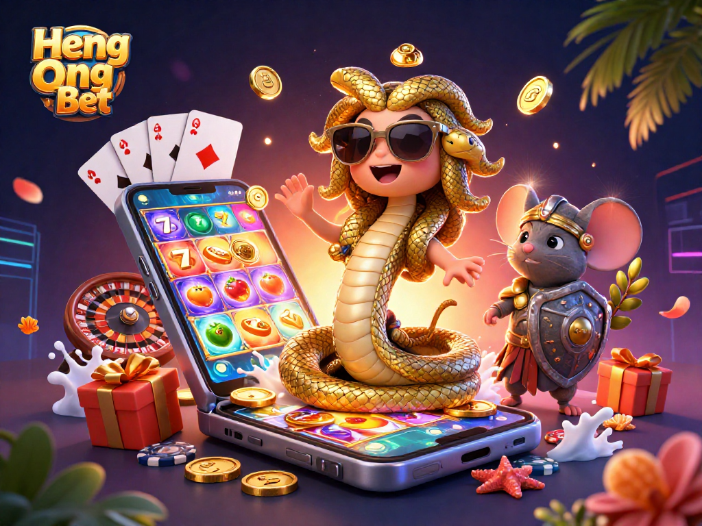 Engage with Heng Ong Bet's vibrant gaming scene featuring Medusa, a warrior mouse, and thrilling casino elements.
